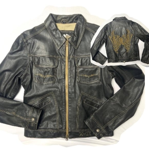 Harley-Davidson Leather Jacket Embroidered Angel Wings Leather Jacket Size M/L - Picture 1 of 13